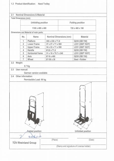 Hand Truck Loading 90 KG GS Test Report